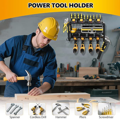 Power Tool Organizer Wall Mount,battery storage rack,Heavy Duty Iron Material, Garage & Workshop Tool Organizer Storage,150Lbs Load 3 Layers Storage Rack with 4 Drill Holders for Drills Cordless Tools