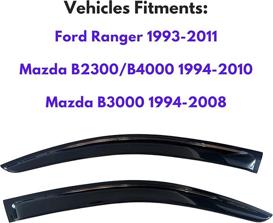 KPY Window Visor Compatible with Ford Ranger 1993-2011 & Mazda B2300/B4000 1994-2010 & Mazda B3000 1994-2008, Rain Guard Side Window Vent Deflectors Tape-On Style, 2002 2003 2004 2005 2006 2007 2009