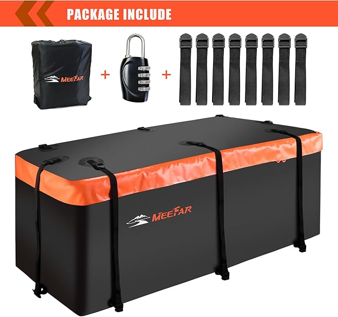 MeeFar Hitch Mount Cargo Carrier Bag Soft Shell 100% Waterproof 15 Cubic Feet (58" 19" 24") Include 8 Reinforced Straps for Truck Pickup All Vehicle with Steel Cargo Basket