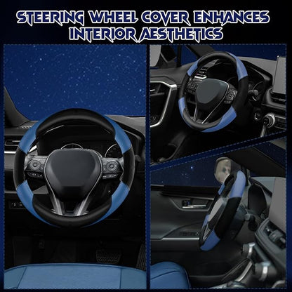 Soft Leather Steering Wheel Cover with Breathable Design and Anti-Slip Grip, Fully Compatible with Tesla, Toyota, Honda, Nissan 14.2-14.96 inch Round Steering Wheel（Sedans and SUVs）