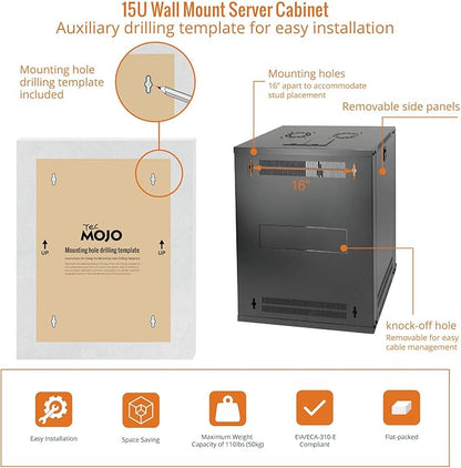 Tecmojo 15U Wall Mount Rack Network Cabinet for 19" IT Equipment,with Lockable Glass Door and Side Panels,Cooling Fan,17.7inch Depth,Black (15U)