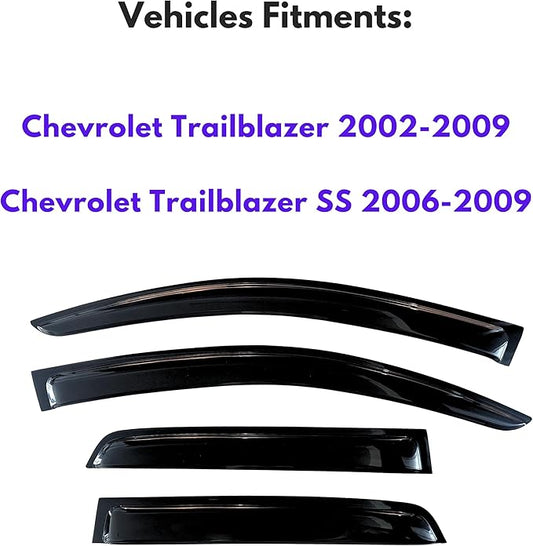KPY Window Visor Compatible with Chevrolet Chevy Trailblazer 2002-2009 & Trailblazer SS 2006-2009, 4PC Rain Guard Side Window Vent Deflectors Tape-On Style, 2002 2003 2004 2005 2006 2007 2008 2009