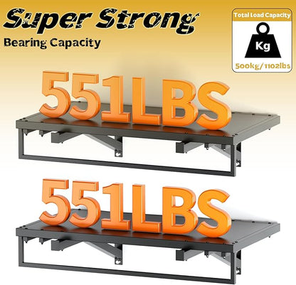 2pcs Garage Wall Shelving - 42in Extra Large Heavy Duty Floating Shelves with 30 Hooks, Load Capacity 1102 Lbs, Hanging Garage Storage Rack, Tool Hanger Organizer Utility Rack, For Home, Workshop
