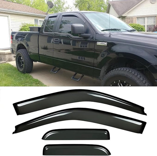 94738 Side Window Wind Deflector,4pcs Out-Channel Tape On Dark Smoke Nice Rain Guards Set, Window Visor fit for Ford F-150 2004-2014 Super/Extended Cab Only (Not Fit 2004 Heritage)