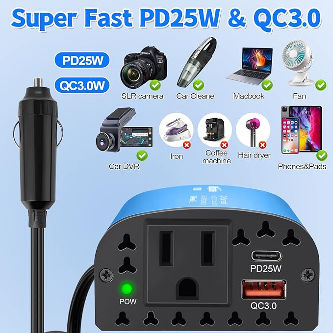 150W Car Power Inverter DC 12V to 110V AC Car Plug Outlet Adapter with PD 25W USB C & QC3.0 Car Laptop Charger-Blue