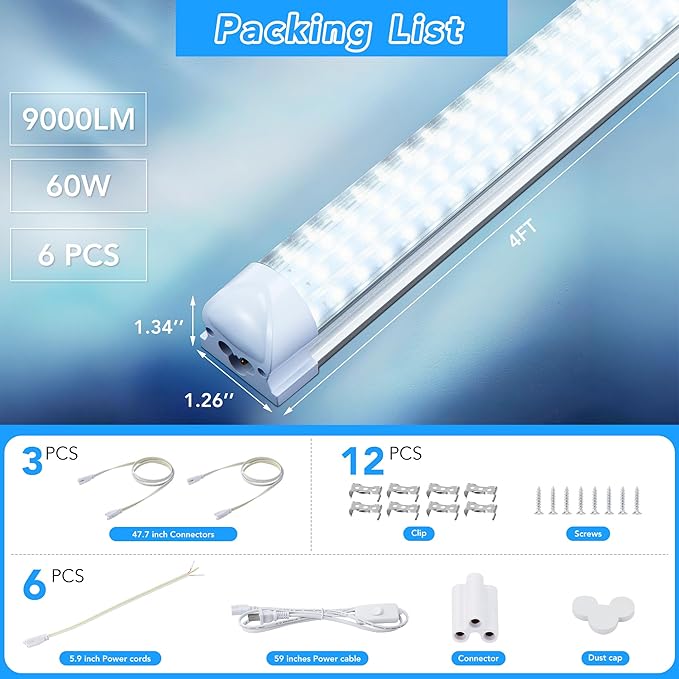 T8 LED Shop Lights 4FT Garage Light, 6 Pack 60W 9600LM 6000K Daylight Work Lights Ceiling LED, Linkable, Plug & Play, Energy-Saving for Warehouse Basement Room(V8)