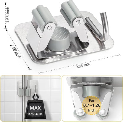 Stainless Steel Broom Holder, Self-Adhesive, 4 Gripper Positions, 4 Hooks, Light and Durable, Easy Installation, Ideal for Organizing Household Items