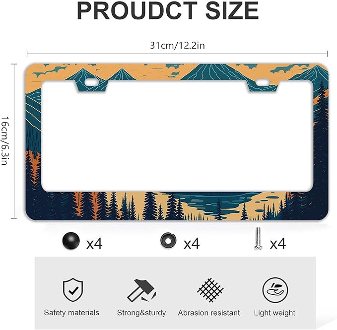 Mountains Forest License Plate Frames - 2 Pcs Set 2 Holes Stainless Steel Metal Novelty Auto Car Accessories Decoration License Plate Frame Cover Size 6.3" x 12.2" Fit US Vehicles for Women Men Gift