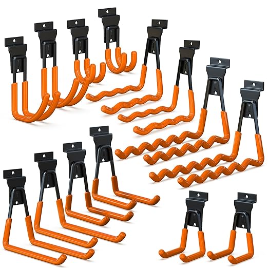 3-H Slatwall Accessories 14 Pack, Slatwall Hooks & Hangers 7 Sizes, Slat Wall Hanging Hooks, Proslat Accessories for Garage Wall Panels Organzing Garden Tools Chairs Ladder(Orange)