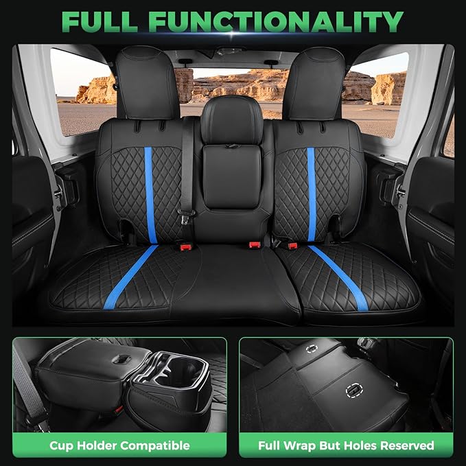 for Jeep Wrangler Seat Covers 4Door JL 2018 2019 2020 2021 2022 2023 2024 2025, Custom Car Seat Cover Full Set, Luxury Waterproof Leather Seat Protectors, Black Blue Trim,With Rear Cup Holder