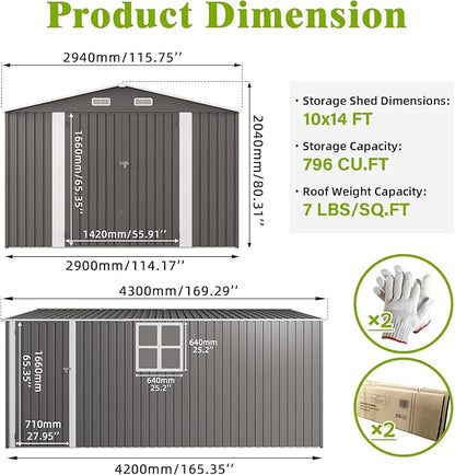 10 x 14 FT Outdoor Storage Shed, Metal Garden Tool Shed with Slooping Roof, Lockable Doors, All-Weather Bike Shed Easy to Assemble for Backyard, Patio, Lawn, White+Black