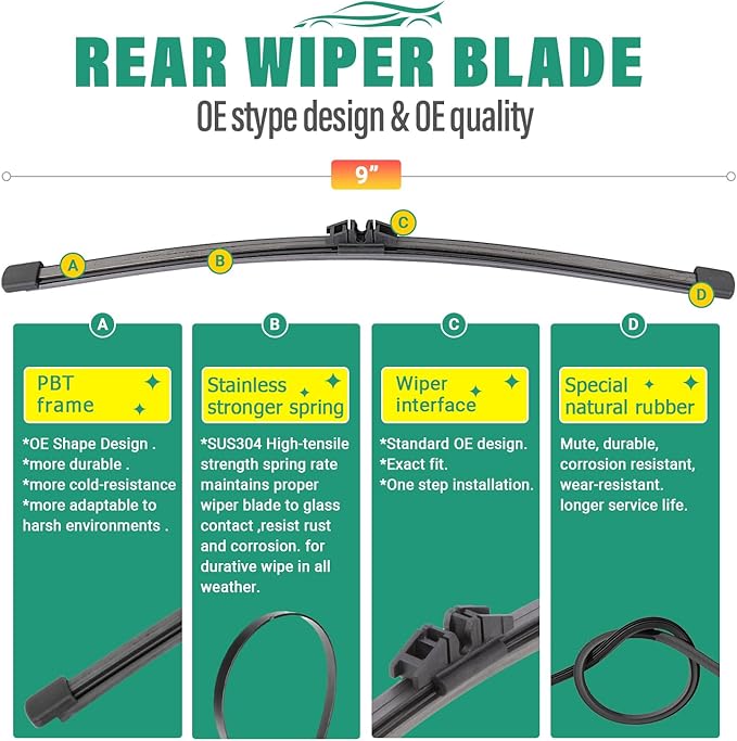 22" 20" 9" Windshield Wiper Blades Replacement for Ford Bronco Sport 2021 2022 2023 2024 2025 Premium All Weather Front Rear Wipers Set - OEM Quality (Pack of 3)