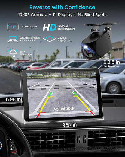 11" Extra Large Wireless Apple CarPlay Screen for Car – Ultra-Slim 0.16 Inch Touchscreen Car Stereo with Android Auto, 4K Dash Cam, 1080p Backup Camera, GPS, Mirror Link, Voice Control