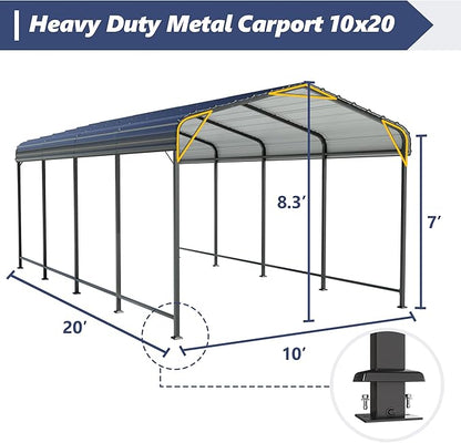SUNBURY 10x20 FT Carport, Heavy Duty Car Port Canopy with Galvanized Steel Roof, Outdoor Garage Car Shelter Shade with Heavier Metal Frame, for Car, Boat, Pickup and Tractors, Grey
