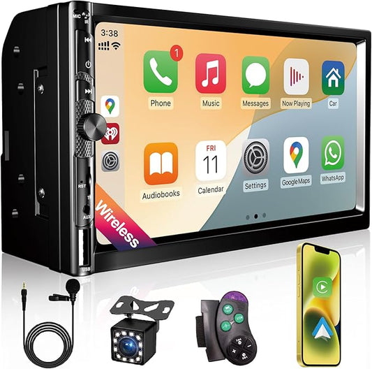 7 Inch Car Stereo with Wireless Apple CarPlay,Double Din Car Radio Androdi Auto,Bluetooth 5.2,IPS 1024 * 600 Display,FM Radio, Backup Camera,Online Navigation,178 * 100mm,Car Audio Receivers