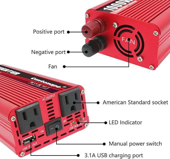1000W/2000W(Peak) DC 12V to 110V/120V AC Power Inverter Converter with 3.1A USB Car Adapter and Cigarette Lighter for Car Home Laptop Truck