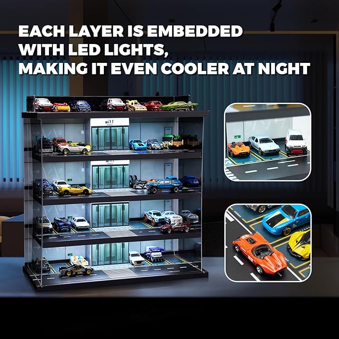 Display Case Compatible with Hot Wheels Garage & Matchbox Cars with LED Light 1/64 Scale Diecast Toy Cars Storage Case 5 Level Holds Max 75 Cars Storage Case for Hot Wheels Garage Gifts for Collector