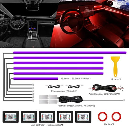 Acrylic Interior Car LED Strip Light with Wireless APP, 10 in 1 with 175 inches 593 LEDs Neon LED Strip Light, RGB Colors Dynamic Music Sync Car Ambient Lighting Kits