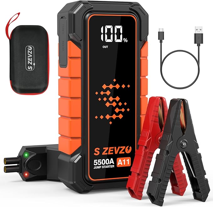 S ZEVZO A11 5500A Car Battery Jump Starter, 88.8Wh Battery Jumper Starter Portable (All Gas & 10.0L Diesel Engines) 12V Lithium Jump Box with LCD Display, 3 Modes Flashlight, USB Quick Charge and Case