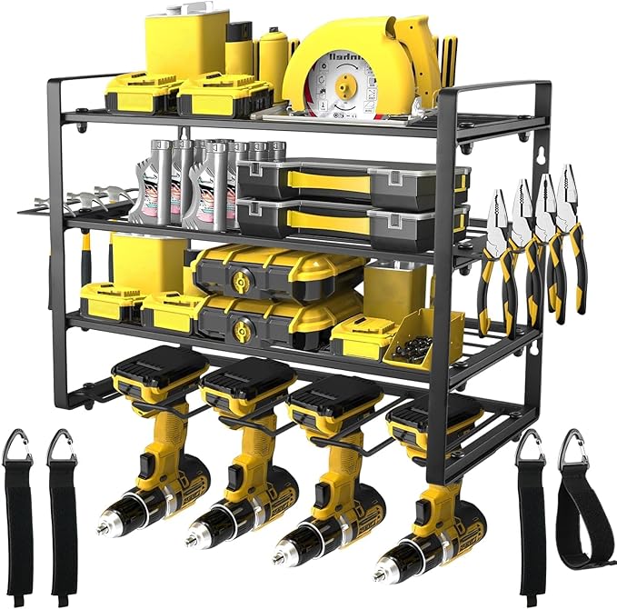 4 Layers Power Tool Organizer Wall Mount, Garage Wall Shelving, 4 Drill Holder Wall Mount, Cordless Tool Organizer, Garage Storage Rack with 4 Extension Cord Holder