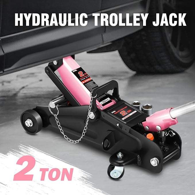 DNA MOTORING Floor Jack with Socket and Lock, Low Profile Hydraulic Trolley Jack for Cars Lift, 2 Ton (4000 lbs) Capacity, Lifting Range 5.12"-13", Pink, TOOLS-00677-PK