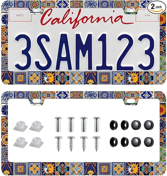 2Pack Mexican Tiles License Plate Frames Mandala Boho License Plate Frame Car Universal Aluminum Accessories Cars Decorative 2 Holes Screws Fits Standard US Vehicles Size 12.2 x 6 Inches