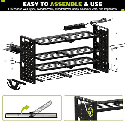 Power Tool Organizer Wall Mount with Charging Station 4 Layer 6 Slot Cordless Drill Holder with Angle Grinder Holder (Black)