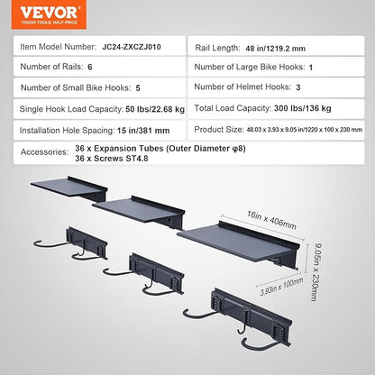 VEVOR Bike Storage Rack, 6 Bike Racks and 3 Helmets Hooks, Wall Mount Bike Storage Hanger with 3 Shelves, Home & Garage Organizer, Customizable for Various Bike Sizes, Holds Up to 300 lbs, 48-inch
