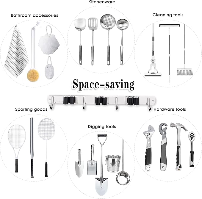 3 Racks and 4 Hooks Broom and Mop Holder Wall Mounted Garage Organizer Storage Tool Racks Stainless Steel Heavy Duty Hooks Self Adhesive Solid Non-slip Wall Hangers for Home Kitchen Garden Laundry