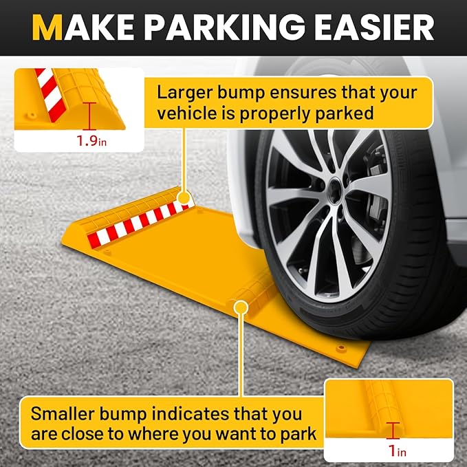 2 Pack Parking Mats for Garage Floors, 21.6" x 11" x 1.9" Heavy Duty Garage Car Parking Mat with High Visibility, Wheel Stops for Car Truck Indoor Outdoor, Yellow