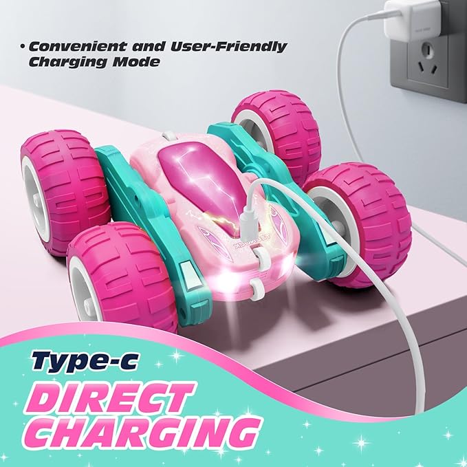 Tecnock Pink Remote Control Car for Girls and Boys, 2.4GHz RC Cars with USB-C Easy Charging, 4WD Double Sided 360° Rotates and Flips RC Stunt Car, Toys Gift for Kids