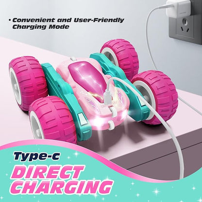 Tecnock Pink Remote Control Car for Girls and Boys, 2.4GHz RC Cars with USB-C Easy Charging, 4WD Double Sided 360° Rotates and Flips RC Stunt Car, Toys Gift for Kids