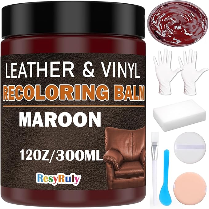 Maroon Leather Repair Kit for Furniture Dye Car Interior Vinyl Seats Paint Leather Conditioner Couch Handbag Chair Stain Remover Recoloring Balm Restorer Cream Cat Dog Scratches & Color Applicator