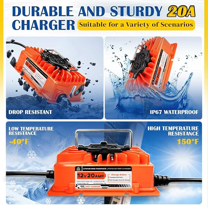 14.6V 20A LiFePO4 Battery Charger 12V Lithium Battery Charger with Anderson Plug AC to DC Smart Trickle Charger for Lithium Iron Deep Cycle Batteries of Trolling Motor RV Marine Car