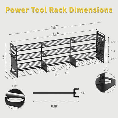 Power Tool Organizer Wall Mount, 49" Heavy Duty 4-Tier Garage Storage Shelf with 12 Drills Holder, Pegboard Side Panels,4 Long Hooks, Large Tool Battery Holder Metal Tool Shelf Rack