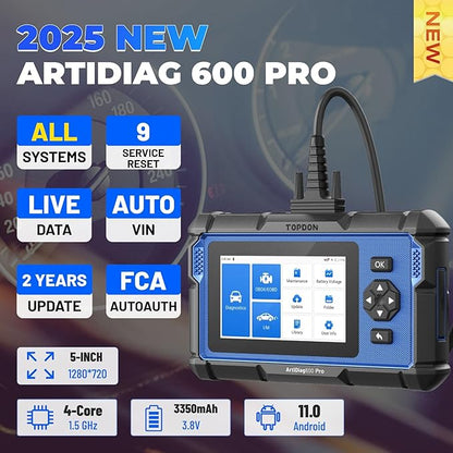 TOPDON ArtiDiag600 Pro, OBD2 Scanner Diagnostic Tool for All Systems, Code Reader Scan Tool with 9 Essential Maintenance Functions, Car Scanner with Andriod OS, Upgraded Version of AD600S/AD500