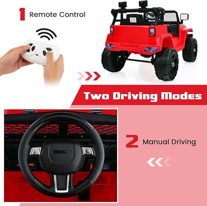 OLAKIDS Kids Ride On Truck, 12V Electric Vehicle Jeep Car with Remote Control, Toddlers Battery Powered Toy with 2 Speeds, Spring Suspension, Double Open Doors, LED Lights, Music, TF,USB, Mp3 (Garnet)