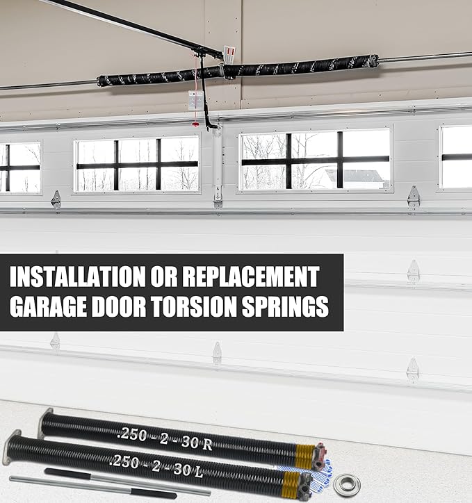 Garage Door Torsion Spring Set, Pair of 2" Electrophoresis Coated Garage Door Spring Replacement with 2 Non-Slip Winding Bars and Bearing, Minimum 16000 Cycles (.250x2x30")