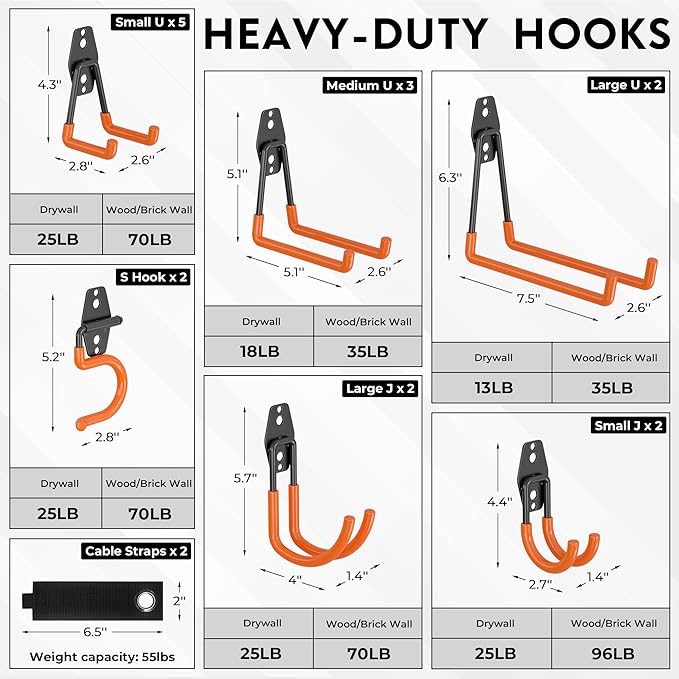 BONTEC Heavy Duty Garage Hooks, Anti-Slip Coated Black Steel with Strong Load Capacity, Multi-Sized U and J Hooks, Easy Wall Mount for Garage, Garden, Workshop (Orange, 18 Pack)