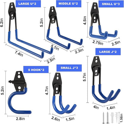 Steel Garage Hooks Wall Tool Organizer, 14 Pack Garage Storage Hook Heavy Duty Utility Storage Hangers Blue for Ladders, Ropes, Garden Tools