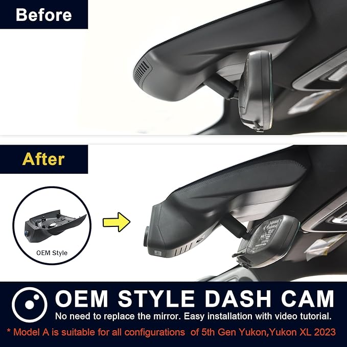 4K Dash Cam Custom fit for GMC Yukon, Yukon XL 2023 2024 2025 (Model A), SLE SLT AT4 Denali Ultimate, Integrated OEM Look, UHD 2160P Video, WiFi & App, G-Sensor, Easy to Install, 128GB Card