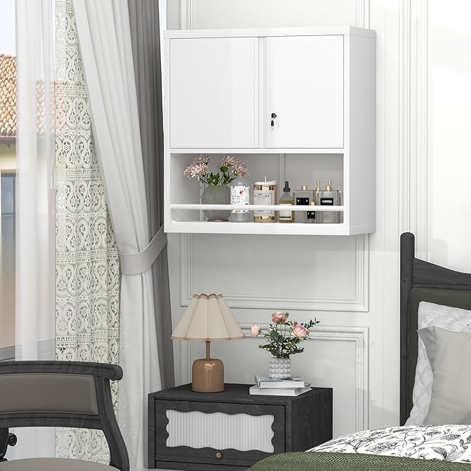 GREATMEET Locking Metal Garage Storage Cabinet with Doors and Shelves, 31" H Lockable Wall Cabinet Storage, White Steel Wall Mount Cabinet for Office