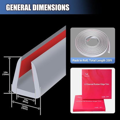 Rubber Edge Trim, Flexible Edge Trim for Sharp Edge, 1/4" U Channel Edge Protector, Self Adhesive Edge Guards for Plywood, Glass, Flexiglass and Sheet Metal Parts, 20Ft, Grey Color