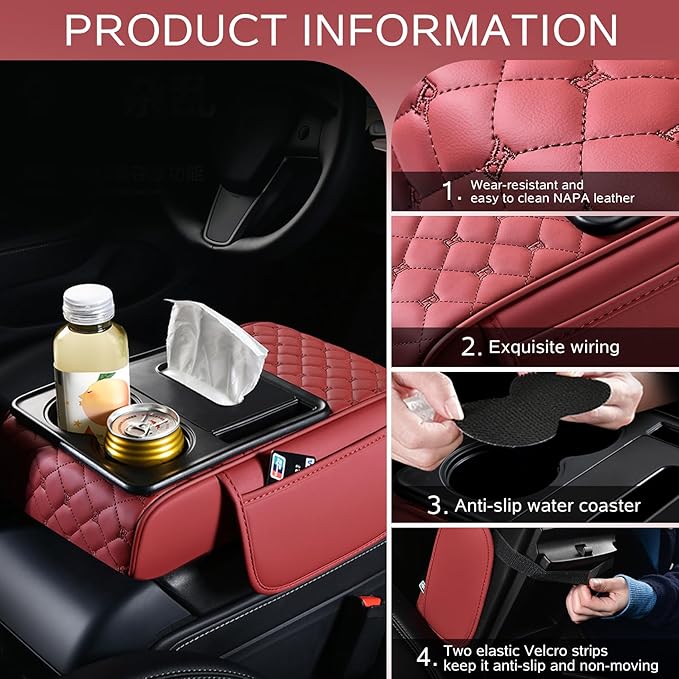 5 in 1 Car Armrest Storage Box for Center Console, Armrest Cushion Cover for Car with 2 Cup Holders Storage Bags, Tissue Box, Phone Slot, Premium Memory Foam with Nappa Leather, 14.2*7.9*2.8in (Black)