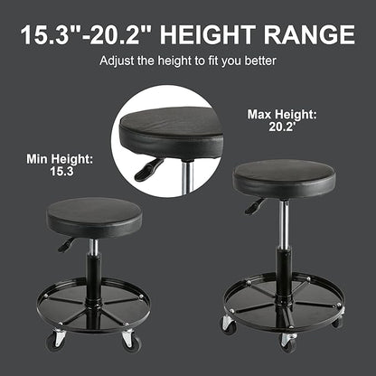 Aain Heavy Duty Adjustable Rolling Seat, with Tool Tray, 5pcs Casters, 15.3" to 20.2"