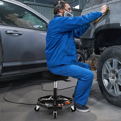 IRONMAX Rolling Mechanic Stool, Adjustable Shop Stool Creeper Seat with Removable Tool Tray, Padded Plush Cushion, Universal Wheels, Heavy Duty Metal Frame, 330 LBS Max Load (Black)