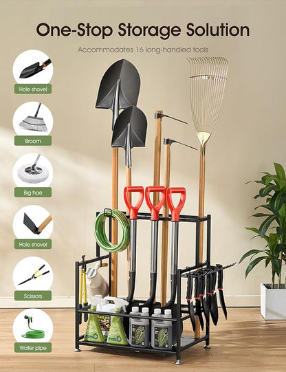 Garden Tool Organizer – Heavy-Duty Carbon Steel Storage Rack for Garage, Shed & Yard – Rust-Resistant, Holds 100+ lbs of Garden & Lawn Tools – Black