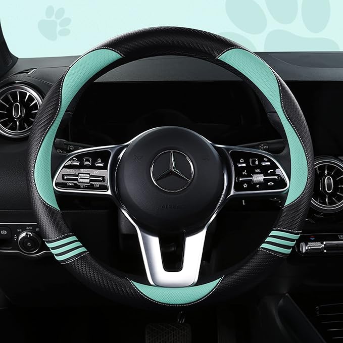 Car Steering Wheel Covers for Women Girl Padded Carbon Fiber PU Leather Cute Cartoon Auto Interior Accessories for Jeep, Truck, Universal, Anti Slip, Green, Large Size 15.5-16"(39-41cm)