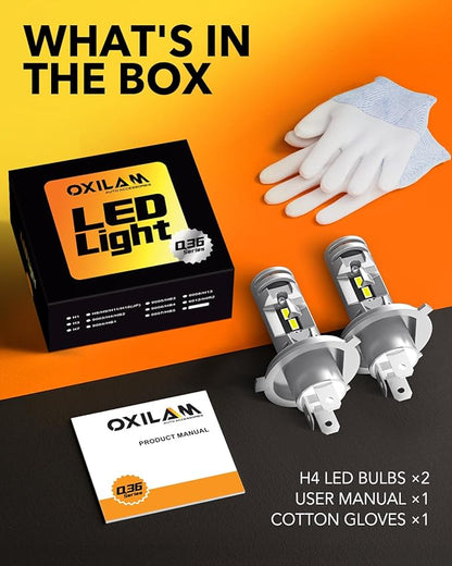 OXILAM H4 9003 LED Upgrade Bulbs, 36000LM 6500K White, 800% Brighter, Built-in CANbus, No Flicker, 3-Min Quick Fit, 2pcs