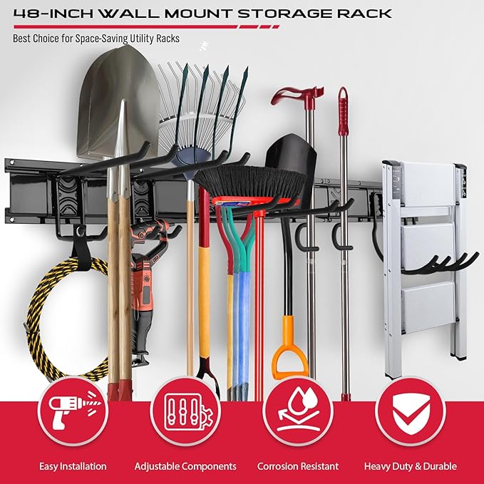 48" Heavy Duty Garage Wall Organizer, Wall Mount Tool Storage Rack with Adjustable Hooks, Garden Tool Organizer Hold Up to 300lbs, Easy Installation (3 Panels, 8 Hooks, 3 Straps)